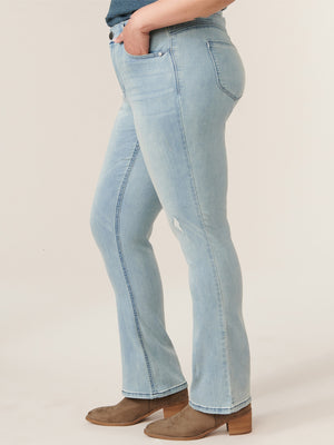 High Rise "Ab"solution Light Blue Vintage Denim Distressed Itty Bitty Boot Plus Size Bootcut Jean