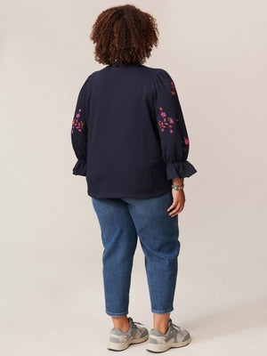 
            
                Load image into Gallery viewer, Navy Three Quarter Blouson Flounce Sleeve Scoop Neck Plus Size Sweatshirt
            
        