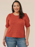 Amber Spice Puff Sleeve Scoop Neck Animal Foil Print Plus Size Knit Top