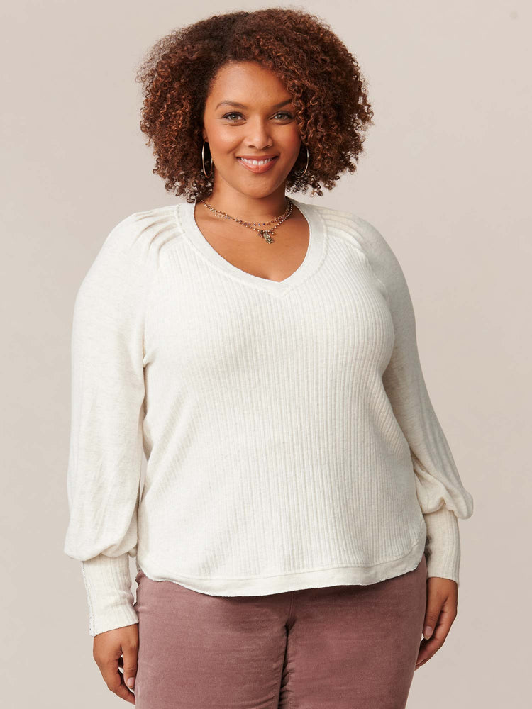 Heather Cream Long Blouson Sleeve V-Neck Mixed Media Knit Plus Size Top
