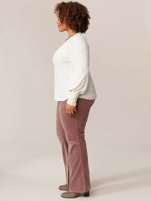 Heather Cream Long Blouson Sleeve V-Neck Mixed Media Knit Plus Size Top