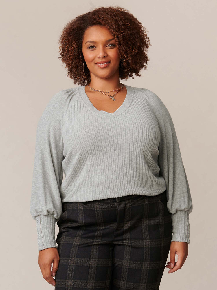 Heather Grey Long Blouson Sleeve V-Neck Mixed Media Knit Plus Size Top