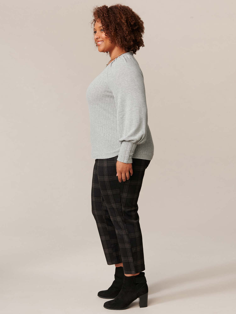 Heather Grey Long Blouson Sleeve V-Neck Mixed Media Knit Plus Size Top
