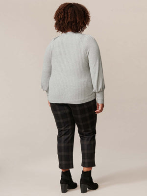 
            
                Load image into Gallery viewer, Heather Grey Long Blouson Sleeve V-Neck Mixed Media Knit Plus Size Top
            
        