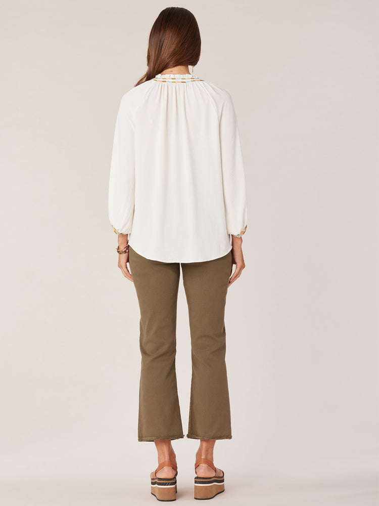 
            
                Load image into Gallery viewer, Off White Olive Multi Three Quarter Blouson Sleeve Embroidered Ruffle Edge Split Neck Plus Size Woven Top
            
        