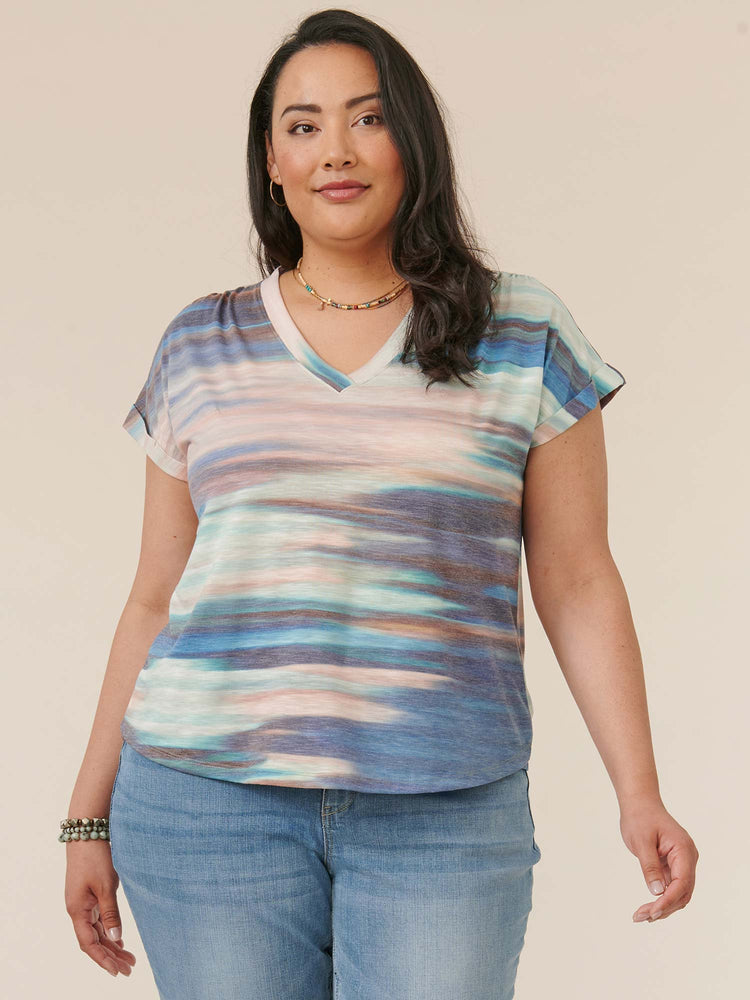 
            
                Load image into Gallery viewer, Midnight Sapphire Teal Multi Cap Sleeve Ruched Shoulder Watercolor Stripe Plus Size Knit Tee
            
        