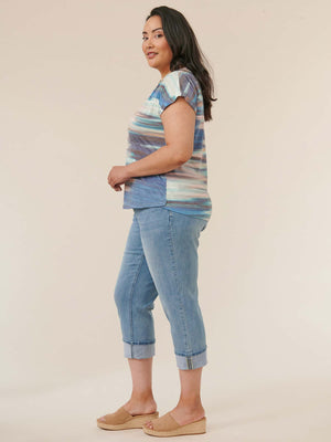 
            
                Load image into Gallery viewer, Midnight Sapphire Teal Multi Cap Sleeve Ruched Shoulder Watercolor Stripe Plus Size Knit Tee
            
        