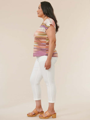 
            
                Load image into Gallery viewer, Sienna Clay Baton Rouge Multi Cap Sleeve Ruched Shoulder Watercolor Stripe Plus Size Knit Tee
            
        