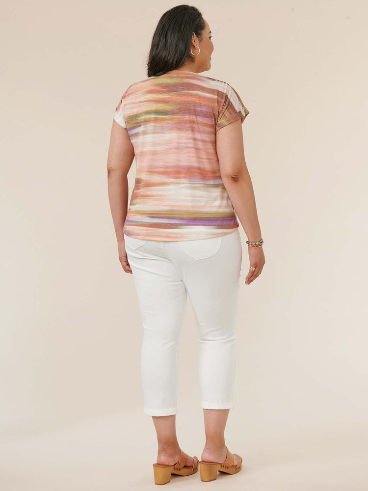 
            
                Load image into Gallery viewer, Sienna Clay Baton Rouge Multi Cap Sleeve Ruched Shoulder Watercolor Stripe Plus Size Knit Tee
            
        