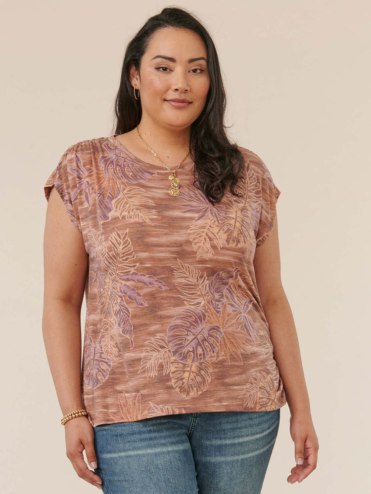 Sienna Clay Multi Extended Short Sleeve Scoop Neck Plus Size Palm Print Knit Top