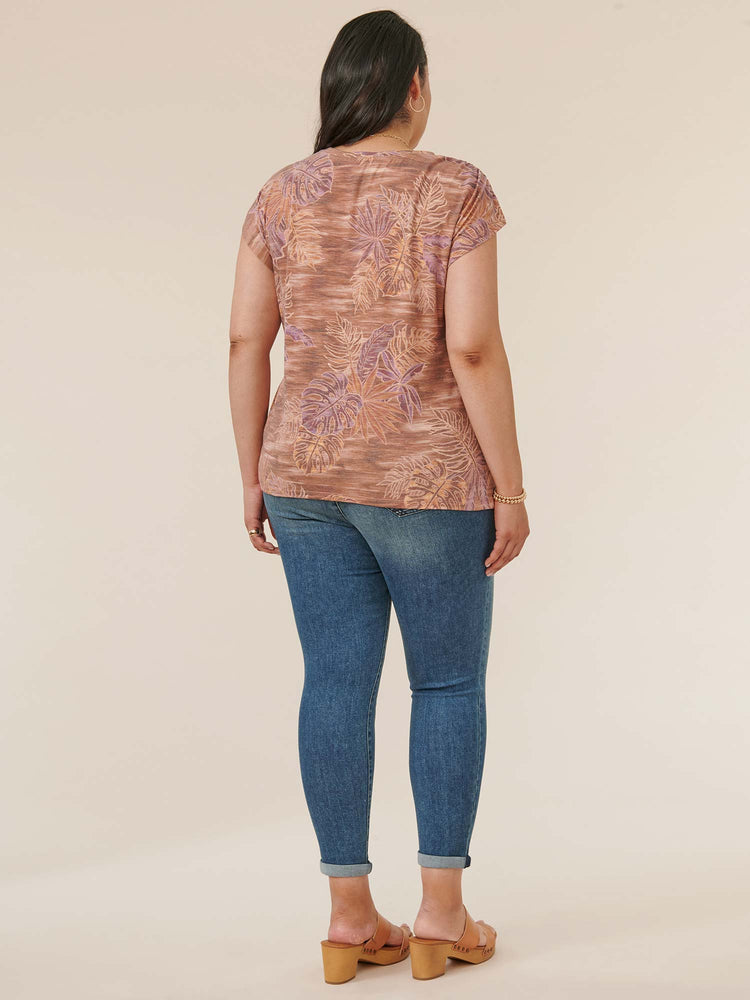 Sienna Clay Multi Extended Short Sleeve Scoop Neck Plus Size Palm Print Knit Top