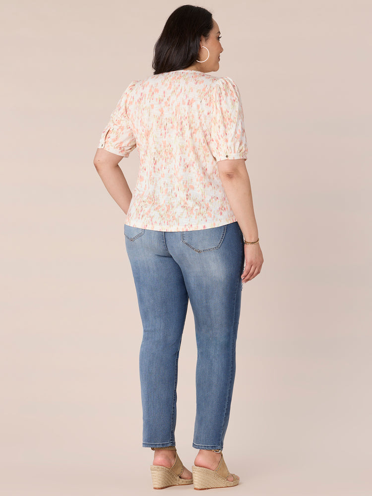 Cream Peach Multi Elbow Puff Blouson Sleeve Keyhole Printed Ruched Crew Neck Plus Size Knit Top