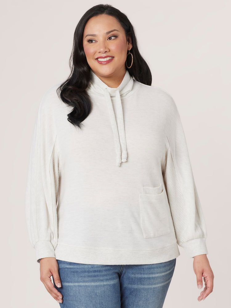 Heather Ecru Long Ribbed Dolman Sleeve Funnel Tie Neck Double Pocket Banded Mixed Media Knit Plus Size Top