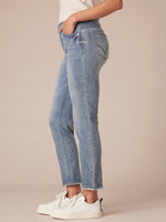 Mid Blue Denim Absolution High Rise Slim Straight Embroidered Cascading D Back Pocket Clean Finish Fray Hem Plus Size Jeans