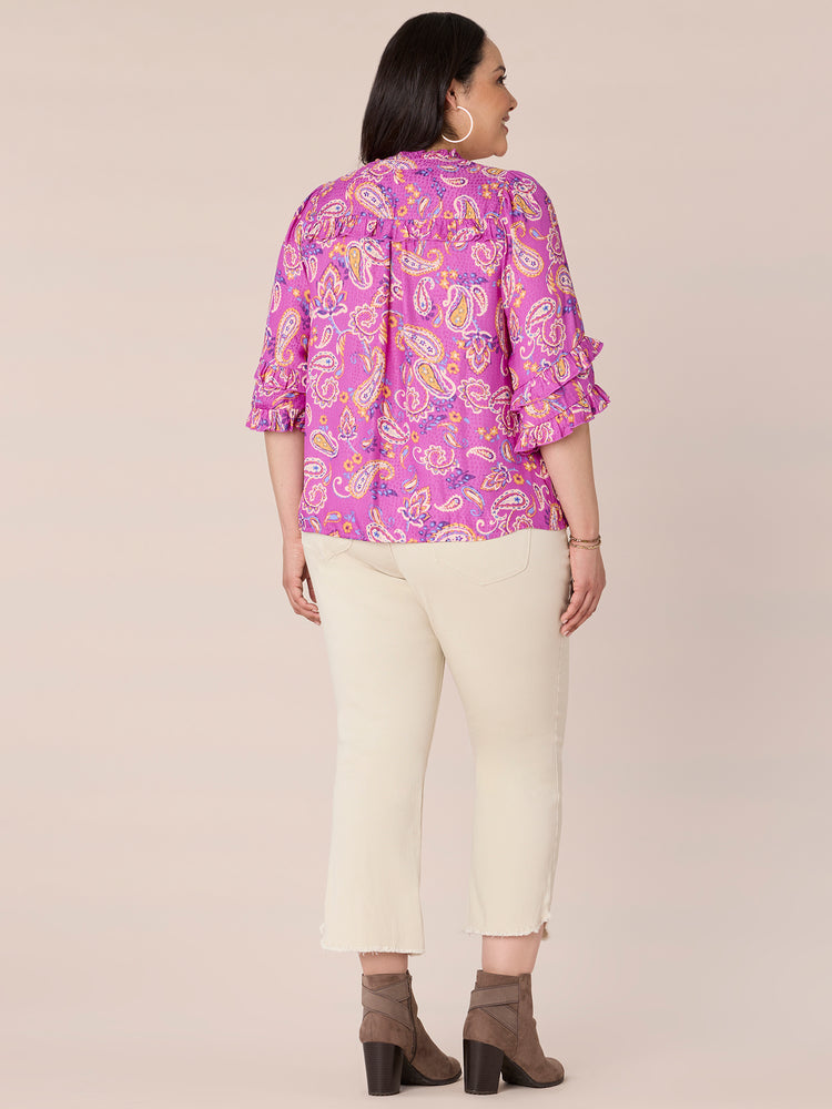
            
                Load image into Gallery viewer, Deep Plum Multi Long Banded Double Ruffle Blouson Sleeve Half Button Placket Stand Collar Paisley Print Plus Size Woven Top
            
        