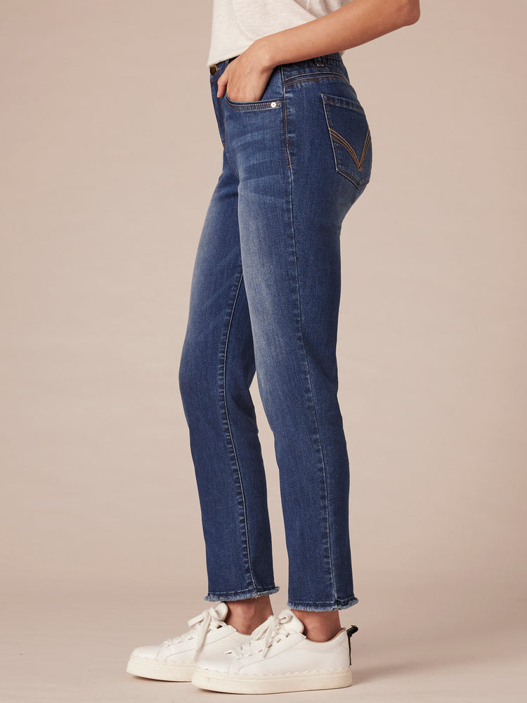 Blue Denim Absolution High Rise Slim Straight Embroidered Cascading D Back Pocket Clean Finish Fray Hem Plus Size Jeans