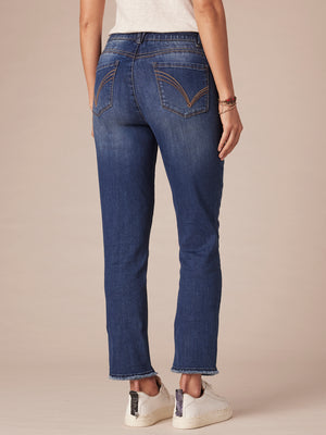 Blue Denim Absolution High Rise Slim Straight Embroidered Cascading D Back Pocket Clean Finish Fray Hem Plus Size Jeans