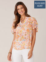 Strawberry Cream Multi Short Triple Flounce Sleeve Quilted Placket Yoke V-Notch Neck Floral Print Plus Size Woven Top