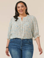 Natural Light Blue Elbow Lantern Sleeve Pintuck Front Floral Plus Size Woven Top