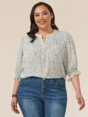 
            
                Load image into Gallery viewer, Natural Light Blue Elbow Lantern Sleeve Pintuck Front Floral Plus Size Woven Top
            
        