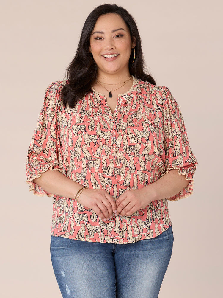 
            
                Load image into Gallery viewer, Papaya Punch Ecru Multi Elbow Lantern Sleeve Pintuck Front Floral Plus Size Woven Top
            
        