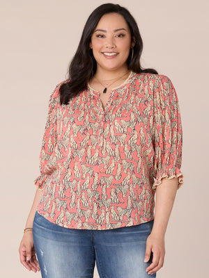
            
                Load image into Gallery viewer, Papaya Punch Ecru Multi Elbow Lantern Sleeve Pintuck Front Floral Plus Size Woven Top
            
        