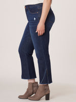 Indigo Vintage Denim "Ab"solution High Rise Distressed Cropped Fray Split Curve Hem Barely Boot Plus Size Jeans