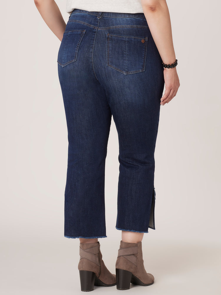 
            
                Load image into Gallery viewer, Indigo Vintage Denim &amp;quot;Ab&amp;quot;solution High Rise Distressed Cropped Fray Split Curve Hem Barely Boot Plus Size Jeans
            
        
