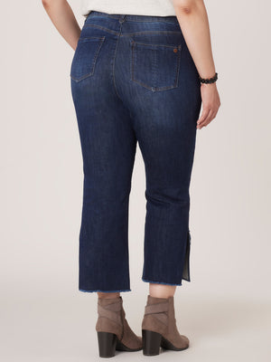 Indigo Vintage Denim "Ab"solution High Rise Distressed Cropped Fray Split Curve Hem Barely Boot Plus Size Jeans