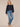 Navy Long Puff Sleeve Cinched Ruffle Edge Front Center Seam Ladder Crochet Detail Crew Neck Plus Size Knit Top