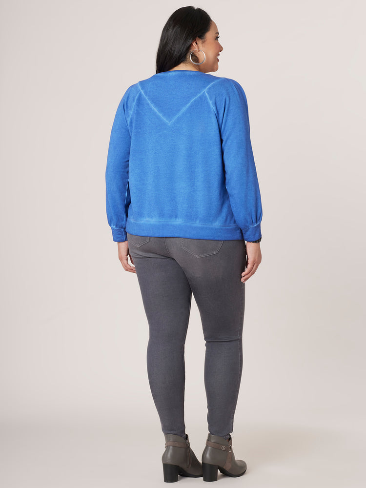Lake Blue Long Blouson Sleeve Puff Shoulder Crew Neck Lace Applique Raw Edge Detail Plus Size Sweatshirt