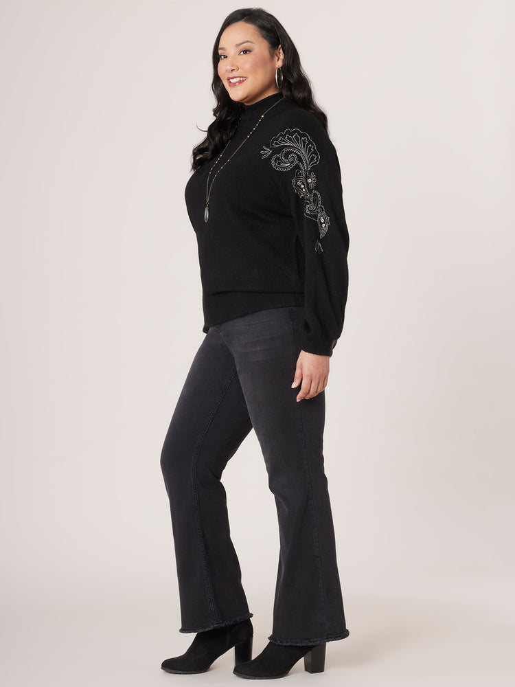 Black Long Blouson Sleeve Rhinestone Embroidery Mock Neck Plus Size Sweater