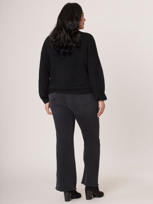 Black Long Blouson Sleeve Rhinestone Embroidery Mock Neck Plus Size Sweater