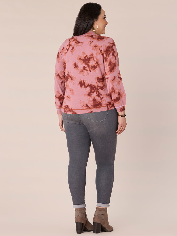 
            
                Load image into Gallery viewer, Blush Mauve Roasted Pecan Long Blouson Sleeve Mock Neck Side Overlap Rounded Hem Printed Plus Size Sweater
            
        