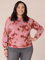 Blush Mauve Roasted Pecan Long Blouson Sleeve Mock Neck Side Overlap Rounded Hem Printed Plus Size Sweater