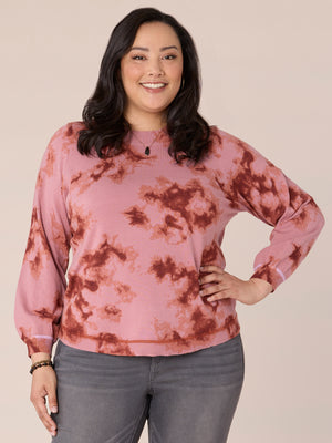 Blush Mauve Roasted Pecan Long Blouson Sleeve Mock Neck Side Overlap Rounded Hem Printed Plus Size Sweater