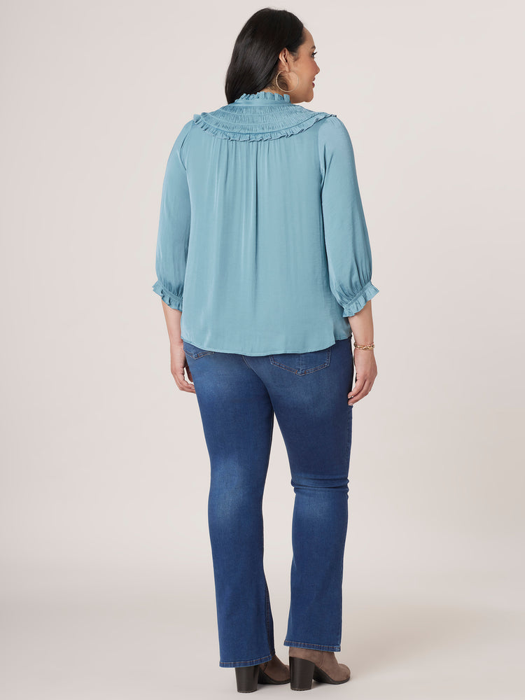 Ocean Teal Three Quarter Blouson Sleeve Ruffle Edge V-Neck Ruched Yoke Button Down Lace Placket Woven Plus Size Top 