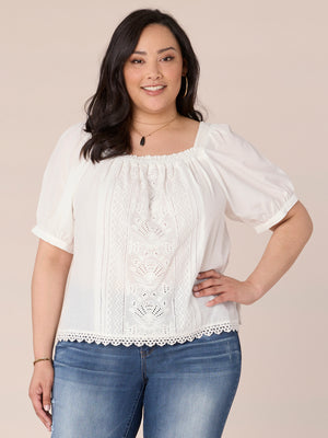 
            
                Load image into Gallery viewer, Off White Short Puff Sleeve Crochet Detail Ruched Square Ruffle Neck Split Scallop Hem Plus Size Woven Top
            
        