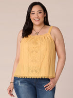 Golden Sleeveless Wide Strap Embroidered Ruched Square Neck Scallop Hem Woven Plus Size Tank Top