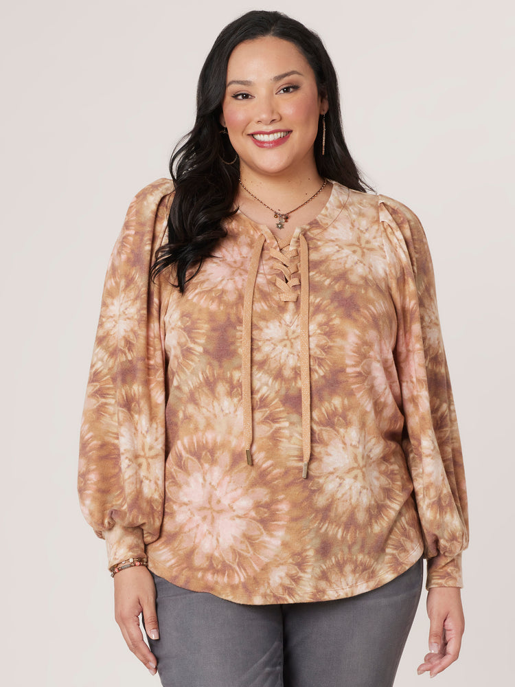 
            
                Load image into Gallery viewer, Cacao Multi Long Blouson Sleeve Lace Up Scoop Neck Printed Plus Size Knit Top
            
        