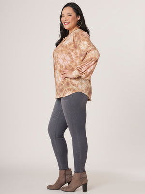 Cacao Multi Long Blouson Sleeve Lace Up Scoop Neck Printed Plus Size Knit Top