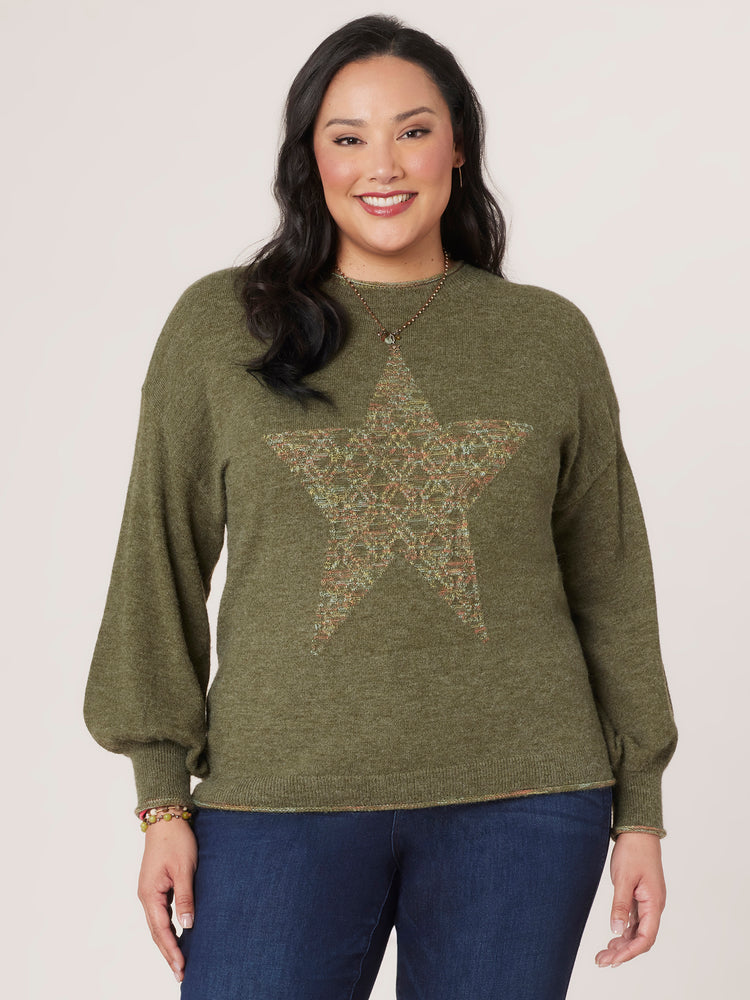 Thyme Long Blouson Sleeve High Round Neck Space Dye Star Plus Size Sweater 