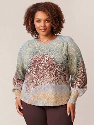 Vintage Walnut Multi Plus Size Long Puff Sleeve Shirtail Hem Printed Sweater