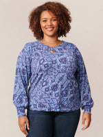 Cerulean Blue Multi Long Puff Sleeve Round Neck Printed Plus Size Sweater