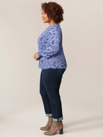 Cerulean Blue Multi Long Puff Sleeve Round Neck Printed Plus Size Sweater