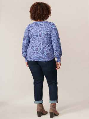 
            
                Load image into Gallery viewer, Cerulean Blue Multi Long Puff Sleeve Round Neck Printed Plus Size Sweater
            
        