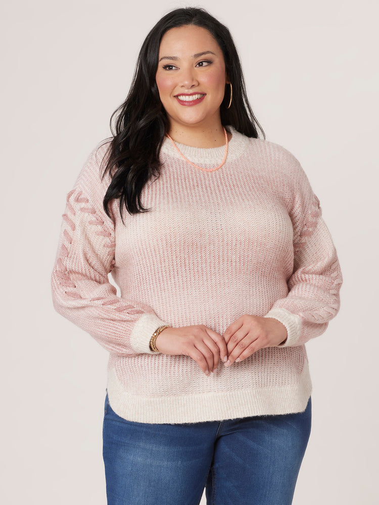 Heather Oatmeal Lipstick Mauve Long Blouson Sleeve Mock Neck Ombre Stripe Whipstitch Detail Plus Size Sweater