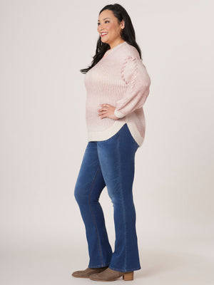 
            
                Load image into Gallery viewer, Heather Oatmeal Lipstick Mauve Long Blouson Sleeve Mock Neck Ombre Stripe Whipstitch Detail Plus Size Sweater
            
        