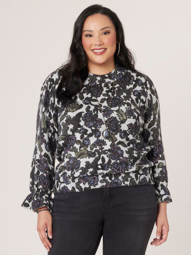 Heather Grey Blue Multi Floral Print Long Flounce Sleeve High Round Neck Plus Size Sweater
