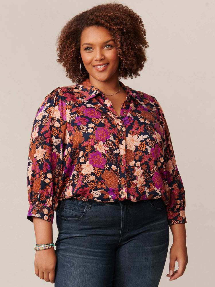 
            
                Load image into Gallery viewer, Navy Baton Rouge Multi Three Quarter Sleeve Floral Print Woven Plus Size Top
            
        